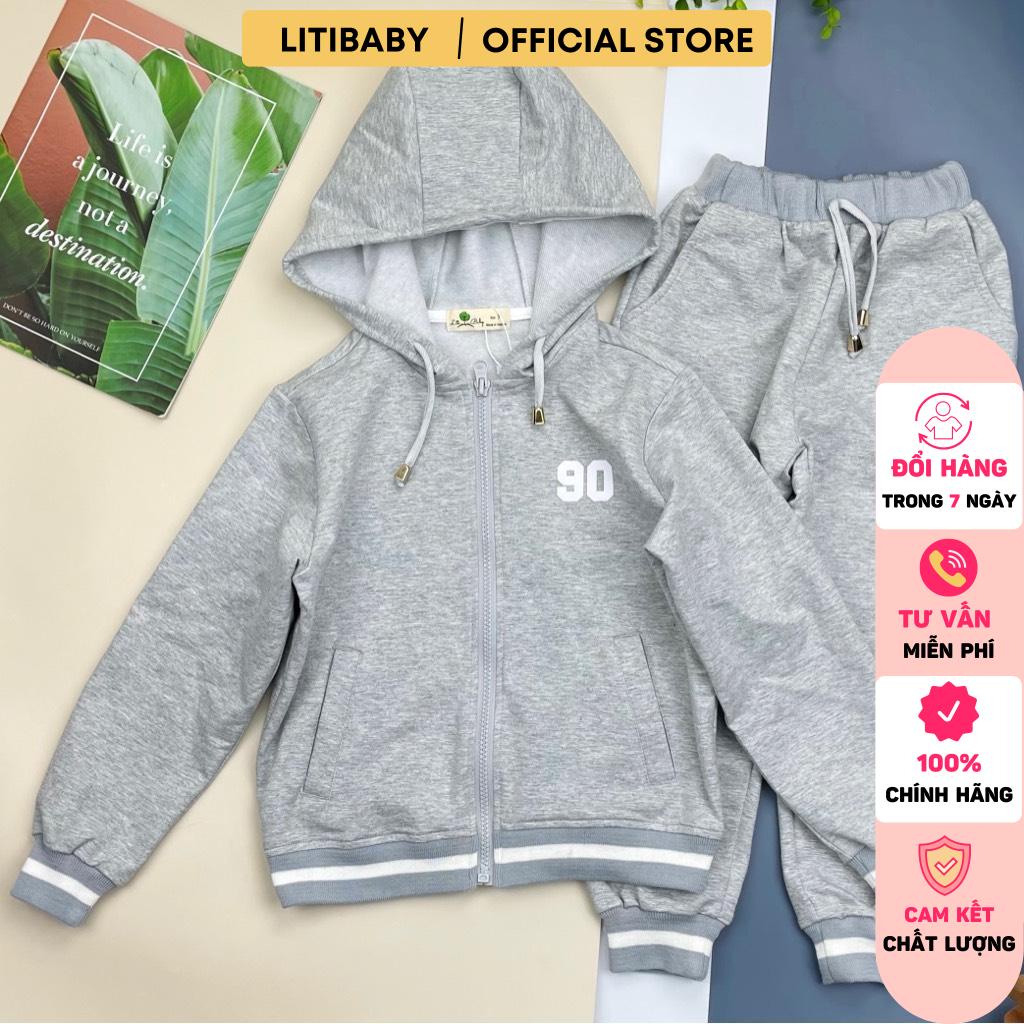 Bộ quần áo chất nỉ LITIBABY kéo khóa in số 90, chất nỉ da cá bền đẹp, ấm. Mã PH346