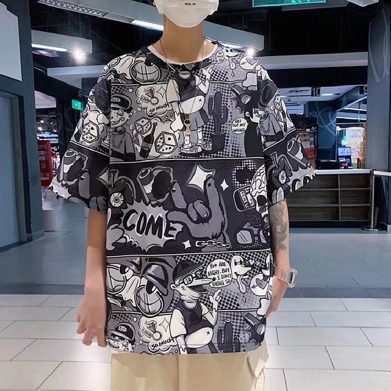Áo Thun Tay Ngắn Dáng Rộng In Họa Tiết Hoạt Hình Size M-5XL Thời Trang Mùa Hè Cho Nam