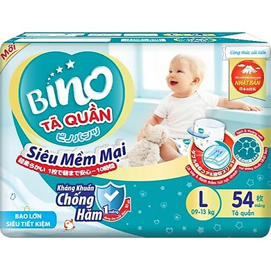Tã/bỉm quần Bino kháng khuẩn chóng hâm size L54 tặng 10 ( 9-13kg )