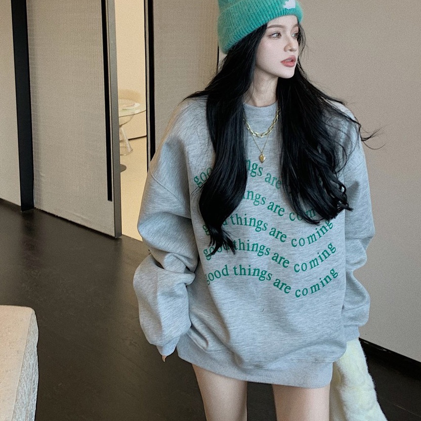 Porozi  Áo sweater nữ cổ tròn dáng rộng in chữ đơn giản thời trang Hàn Quốc