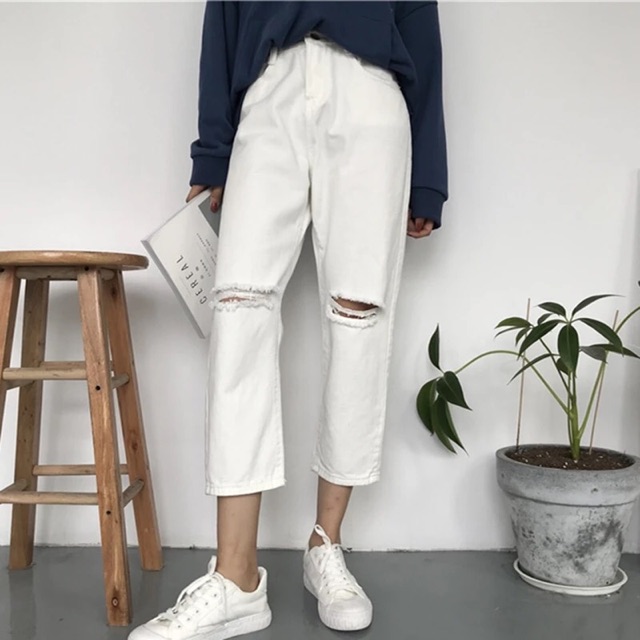 [ SẴN xl đen ] Quần baggy rách gối ulzzang / quần baggy jean suông _ có ảnh thật cuối