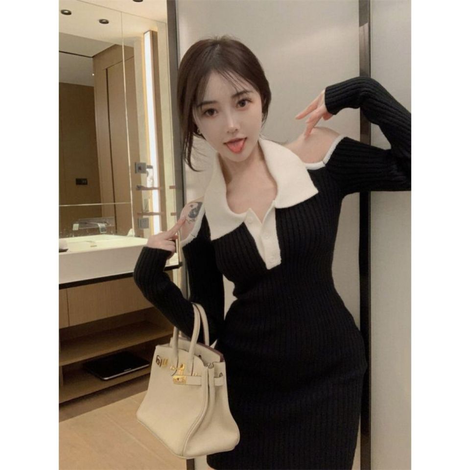 Đầm dệt kim tay dài hở vai thiết kế mới thời trang mùa thu dành cho nữ 2021