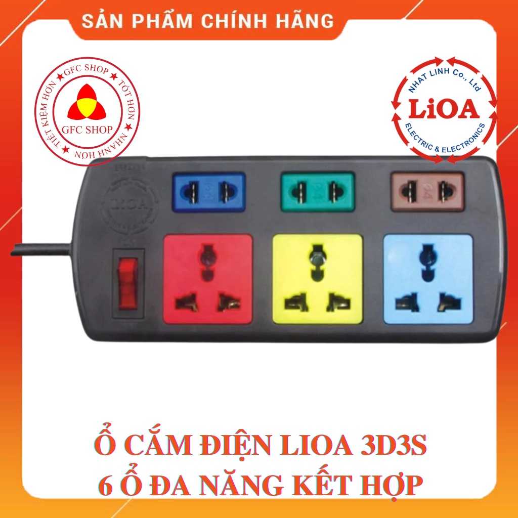 Ổ cắm Lioa 6 ổ đa năng kết hợp 3m hoặc 5m 2200W (3D3S hoặc 3D3SN) Màu đen - Thế hệ mới