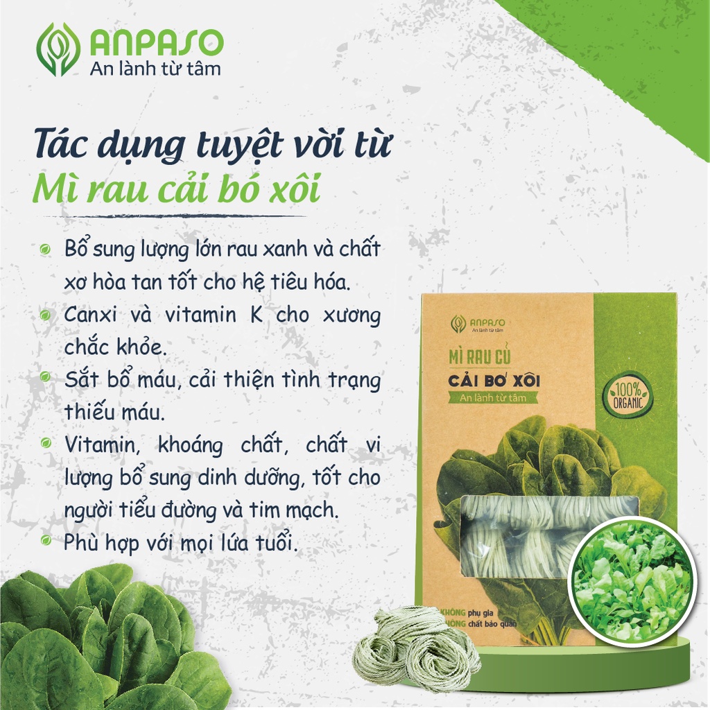 Mì rau củ hữu cơ Organic  Anpaso, eat clean giảm cân, bổ sung vitamin, chất xơ 5 vị rau 300g