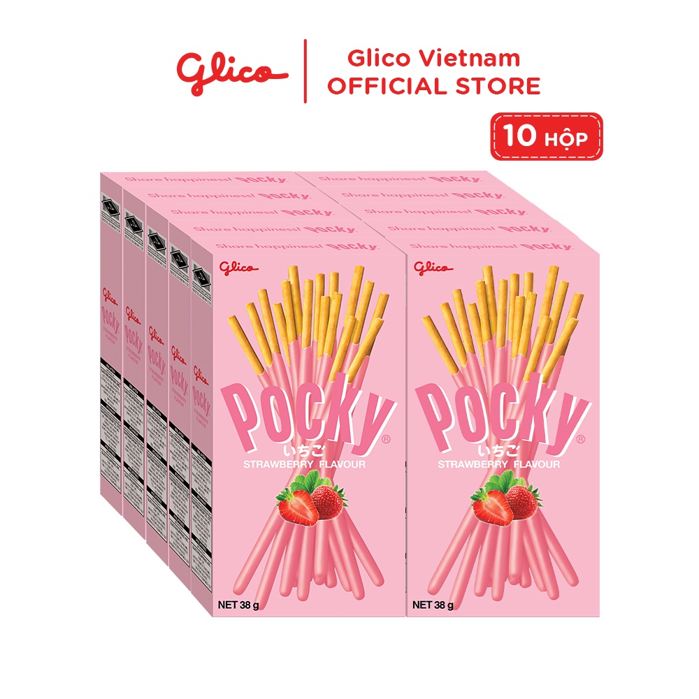 Combo 10 hộp Bánh snack que phủ kem Glico Pocky Dâu Strawberry Flavour 38G