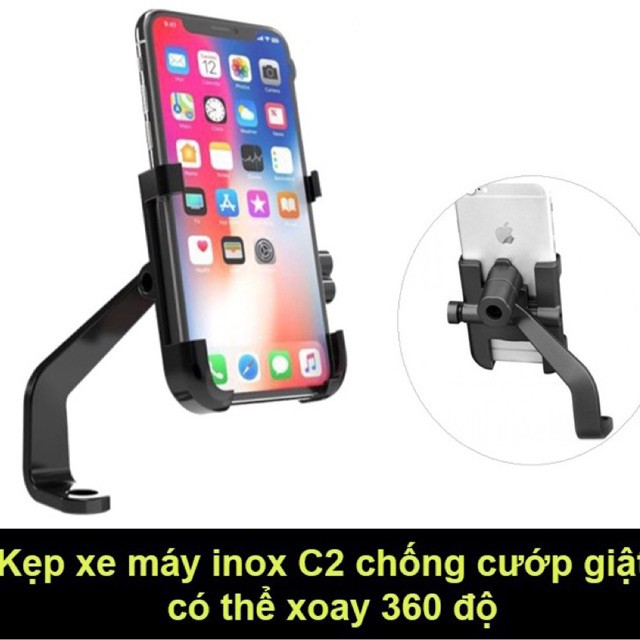 Giá đỡ - Kẹp điện thoại gắn xe máy Inox C2  cao cấp chống rung chống trượt - gắn điện thoại siêu chắc chắn