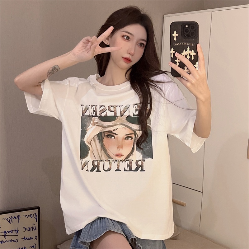 Áo thun SUXI tay ngắn cổ tròn dáng rộng in họa tiết đơn giản thời trang mùa hè cho nữ