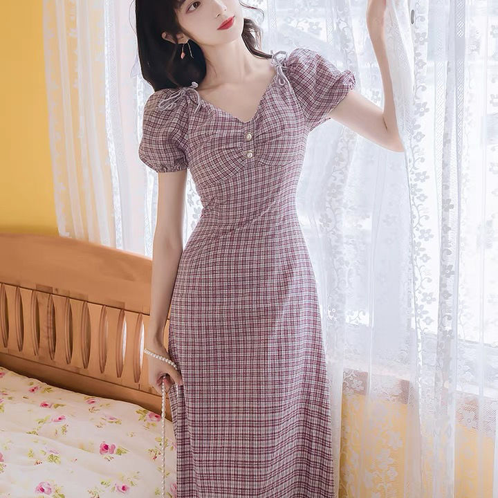 Mùa Hè Hàn Quốc Retro Tím Kẻ Sọc Puffy Tay áo Váy ôm Giữa Chiều Dài