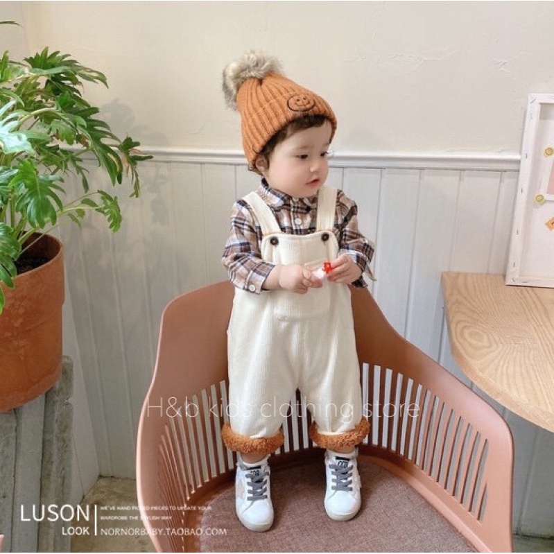 Set yếm nhung tăm lót lông dày bé trai kèm áo dài tay KAYN mùa đông