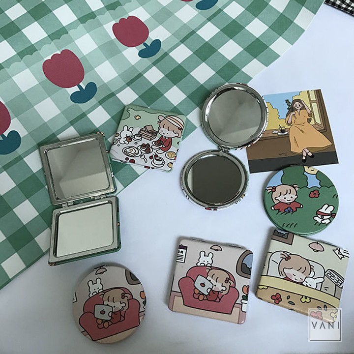 Gương Cầm Tay Mini Gấp Gọn Hình Vuông Hình Tròn Kiểu Chibi Siêu Đáng Yêu - Vani Store