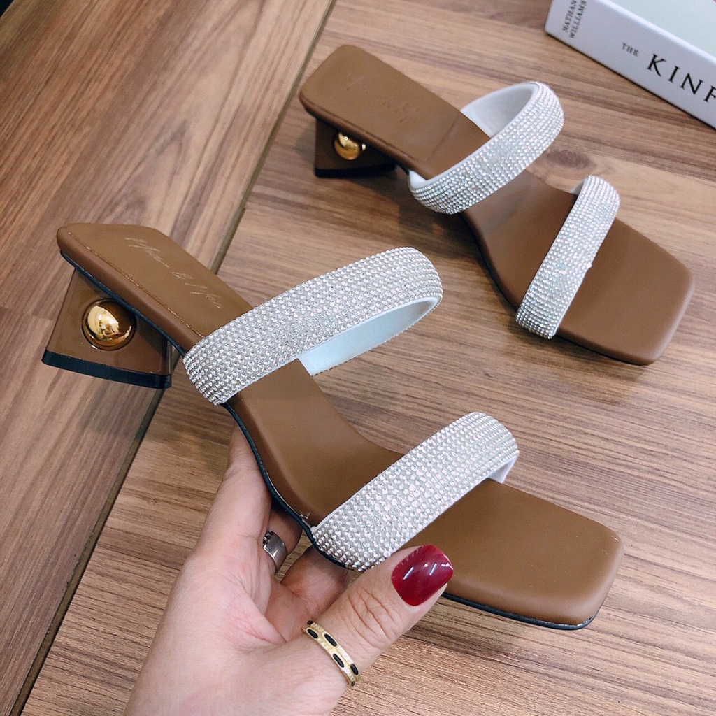 Dép cao gót guốc nữ 3p bản dây đôi xoàn đính đá góc tam giác đính ngọc siêu sang - Chị Chảnh Store