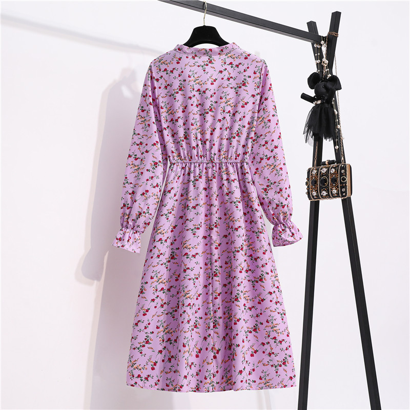 Ready Stock 2021 New Fashion Korean Dresses Floral Chiffon Women Casual Dinner Long Sleeve A-line Midi Dress Muslimah Wear Import