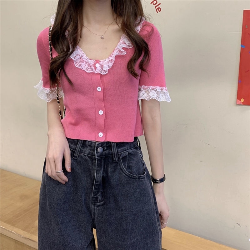 Áo Croptop Dệt Kim Tay Ngắn Cổ Chữ V Phối Ren Xinh Xắn Cho Nữ