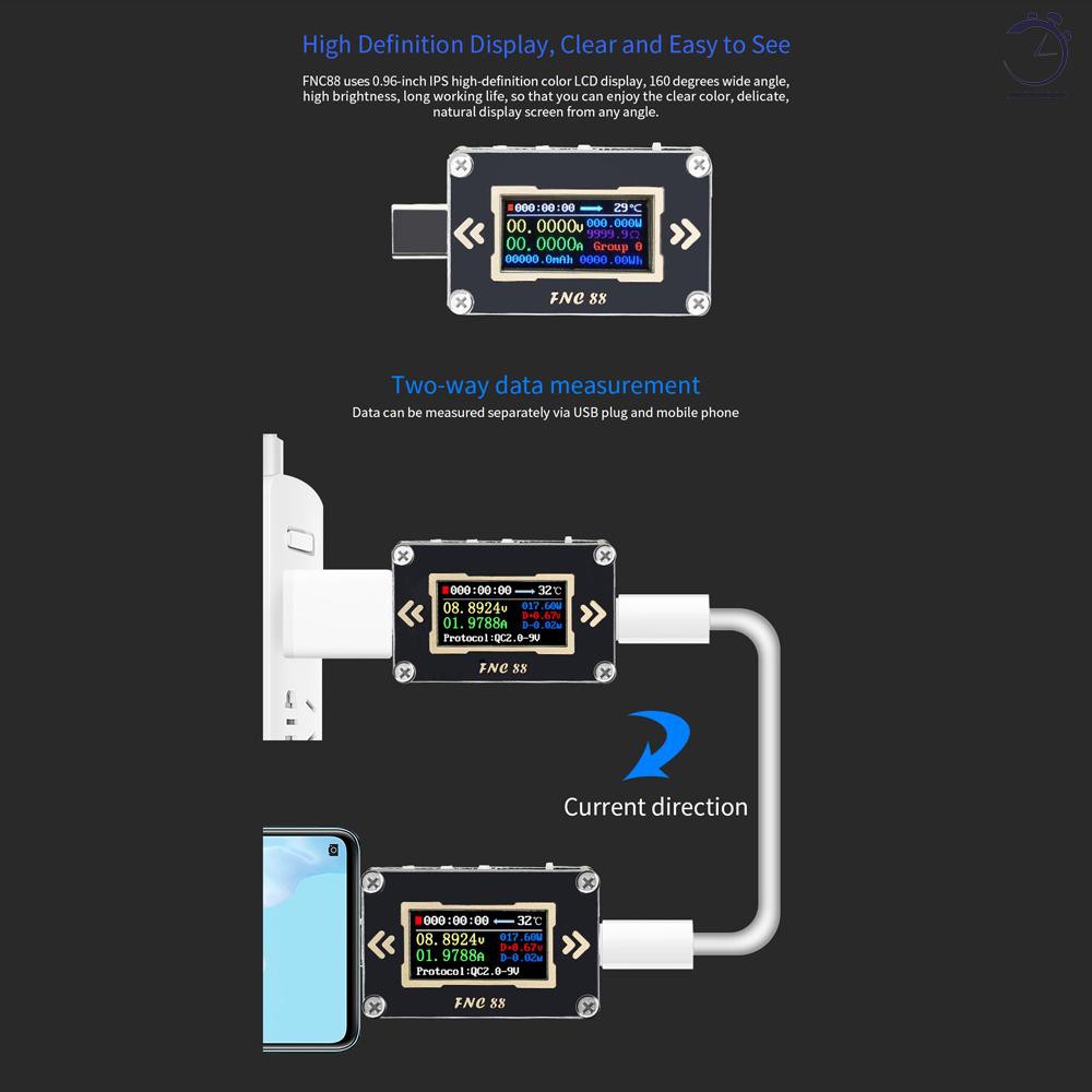 FNC88 Type-C PD Trigger USB-C Voltmeter Ampe kế Điện áp 2 chiều Đồng hồ đo dòng điện Đồng hồ vạn năng PD Bộ sạc Pin USB Tester với màn hình LCD độ nét cao 0,96 inch♠