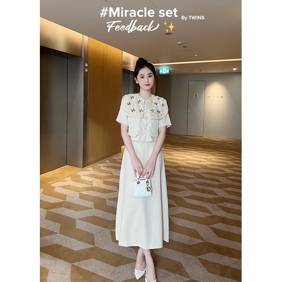 Set đồ nữ Áo cổ nơ ngọc + chân váy suông  by Twins ẢNH THẬT