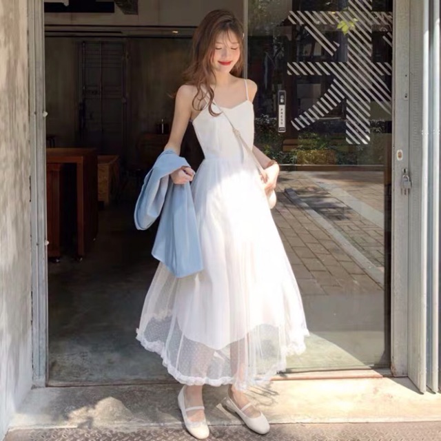 [ Sẵn Đen sz M ] 🌸 Đầm hai dây ren dáng xoè / Đầm đi tiệc / Đầm ren dài