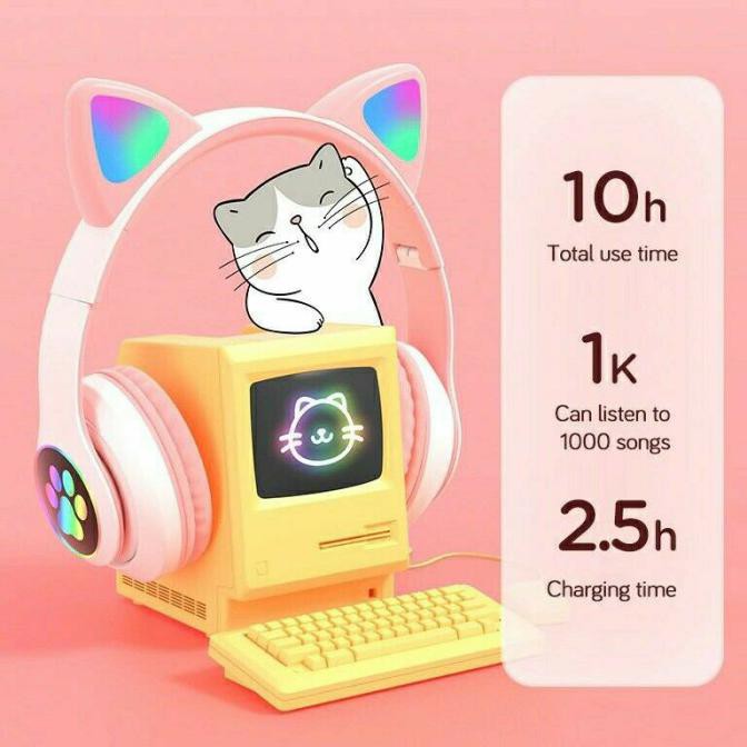 Tai Nghe Bluetooth Hình Tai Mèo Màu Hồng Dễ Thương