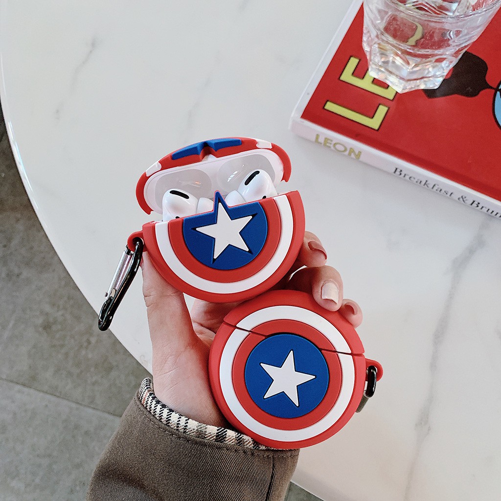 Vỏ Bảo Vệ Hộp Sạc Tai Nghe Không Dây Airpods 1/2 Bằng Silicon Hình Khiên Captain America