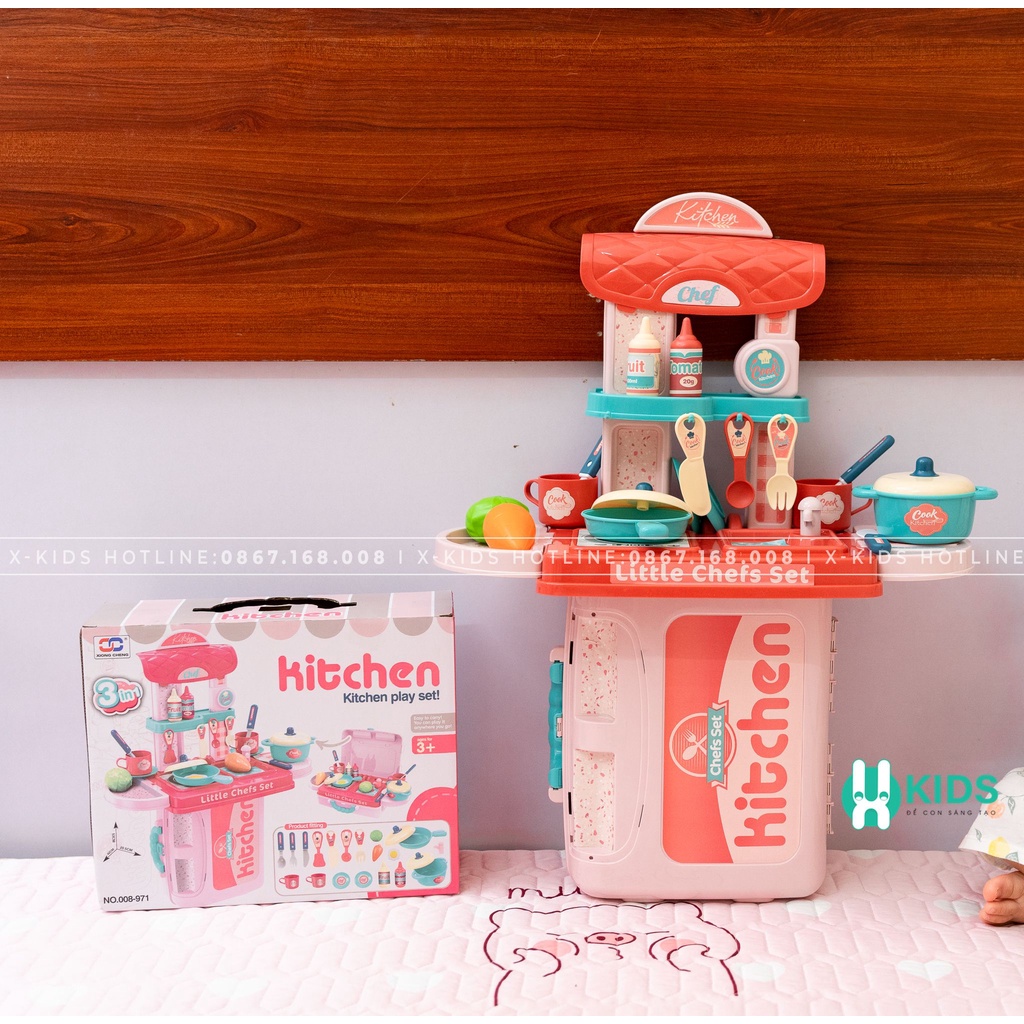 Cặp đồ chơi nấu ăn trẻ em 3in1 đa năng cỡ lớn, bộ đồ chơi nhà bếp bé gái nhiều chi tiết
