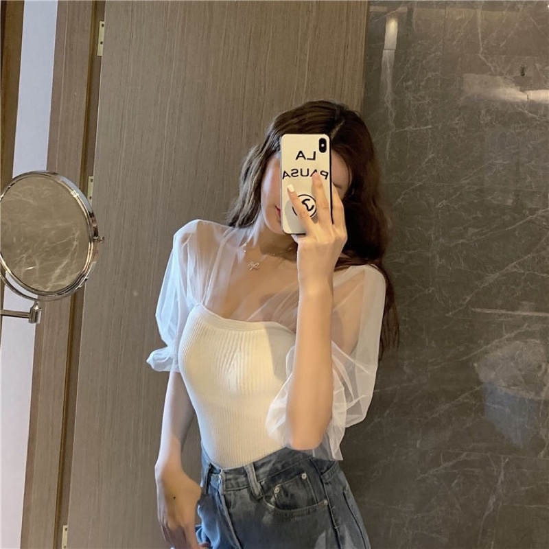 Áo kiểu ngắn tay phối tay ren bồng cách điệu phong cách mùa hè 2022 Annawangg AN35