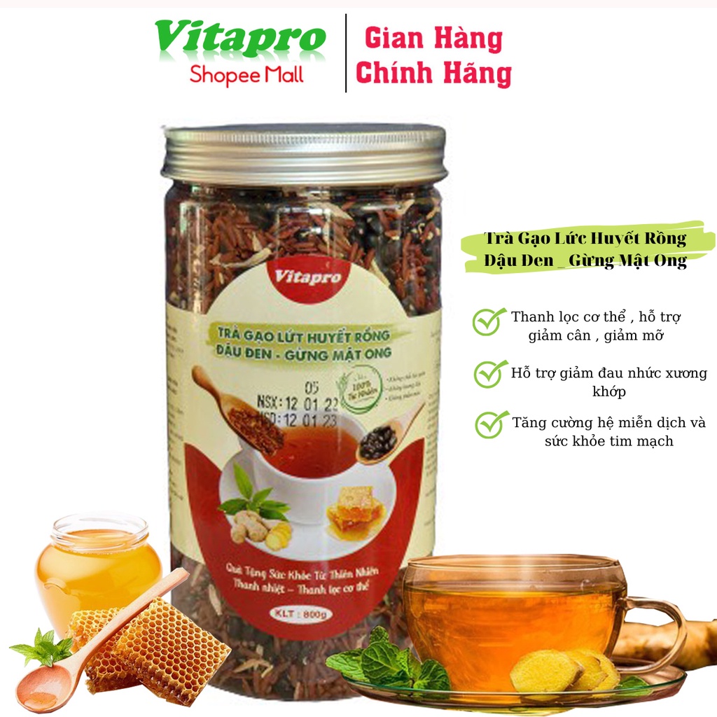 Trà gạo lức huyết rồng gừng mật ong Vitapro 800gr thon dáng đẹp da tăng cường miễn dịch
