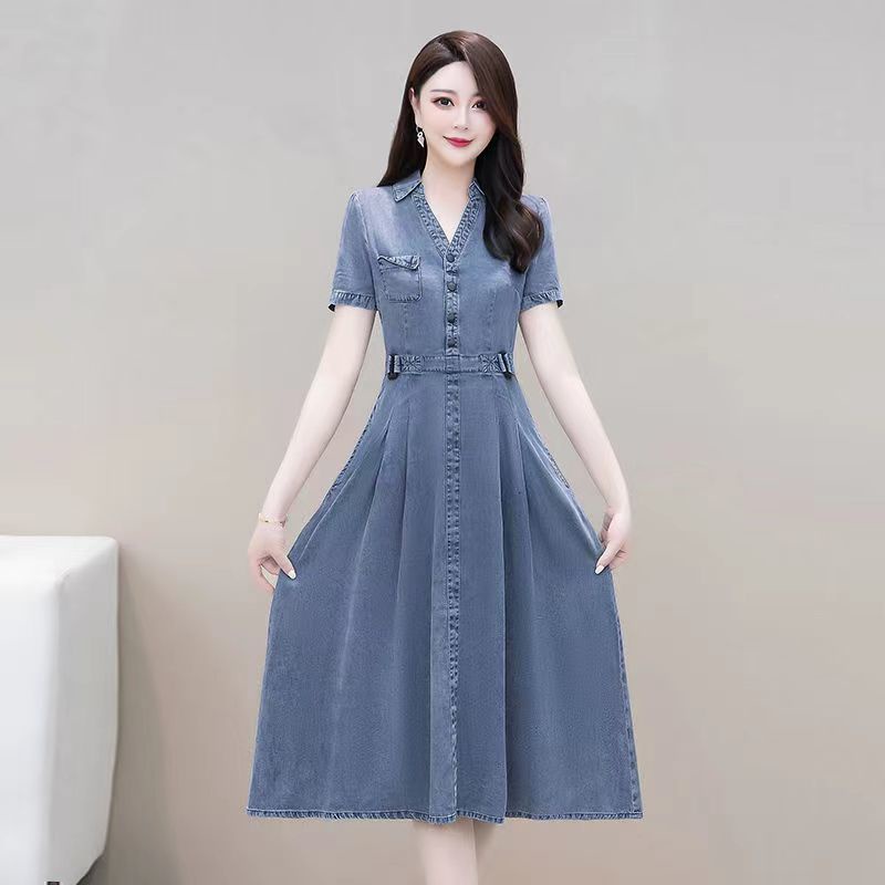 Đầm Denim Dài Tay Ngắn Che Bụng Phong Cách Thời Trang Mới 2022