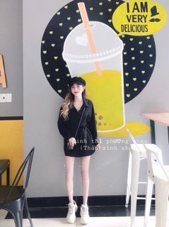 set sơmi đen + quần thắt nơ eo (ảnh thật)