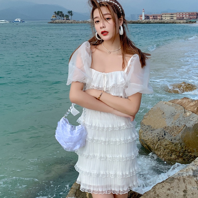 IELGYĐầm Ngắn Dáng Ôm Hở Lưng Phối Lưới Màu Trắng Thời Trang Cho Nữ