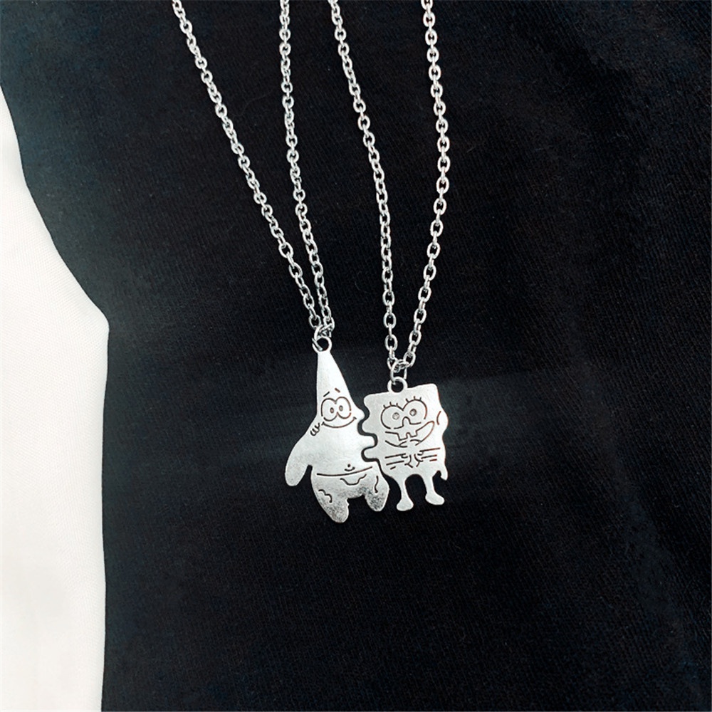 2PCS/Set Fashion Cute Silver Chain SpongeBob Cartoon Pendant Women Men Hip-hop Necklaces Jewelry
