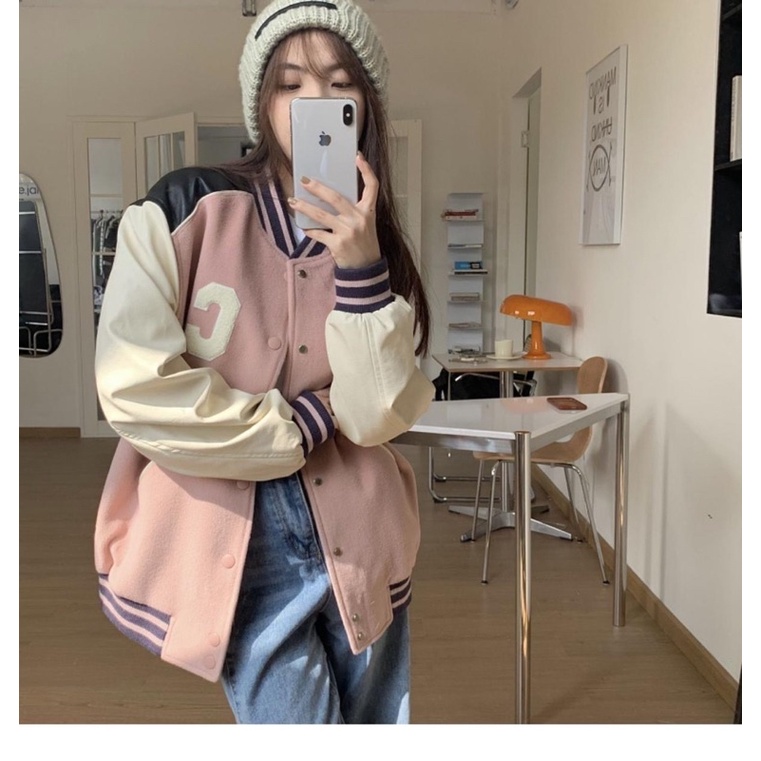 Áo khoác bóng chày tay da chữ thêu phong cách retro