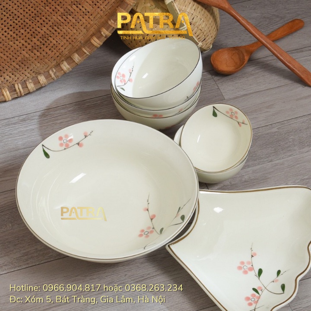 bộ bát đĩa hoa mặt trời, bát đĩa sứ men kem Bát Tràng họa tiết hoa đào thờ cúng gia tiên