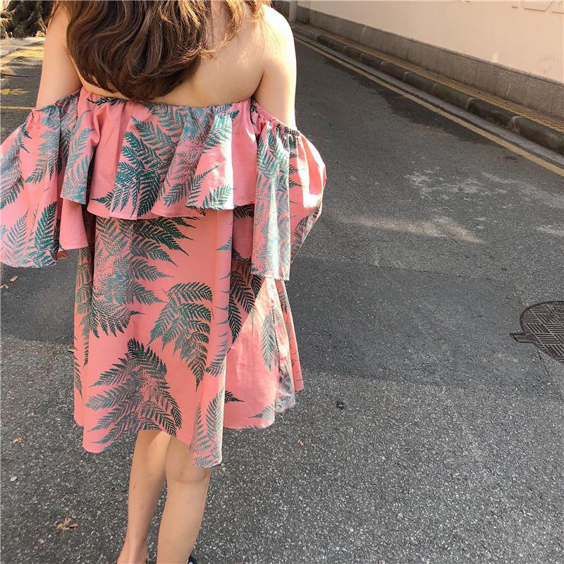 IELGY Đầm Hở Vai Cổ Lá Sen Phong Cách Hàn Quốc Ngọt Ngào Cho Nữ