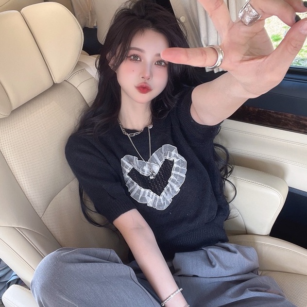 Áo dệt kim ZHELIHANGFEI tay ngắn dáng rộng thêu hình trái tim thiết kế khoét rỗng dành cho nữ