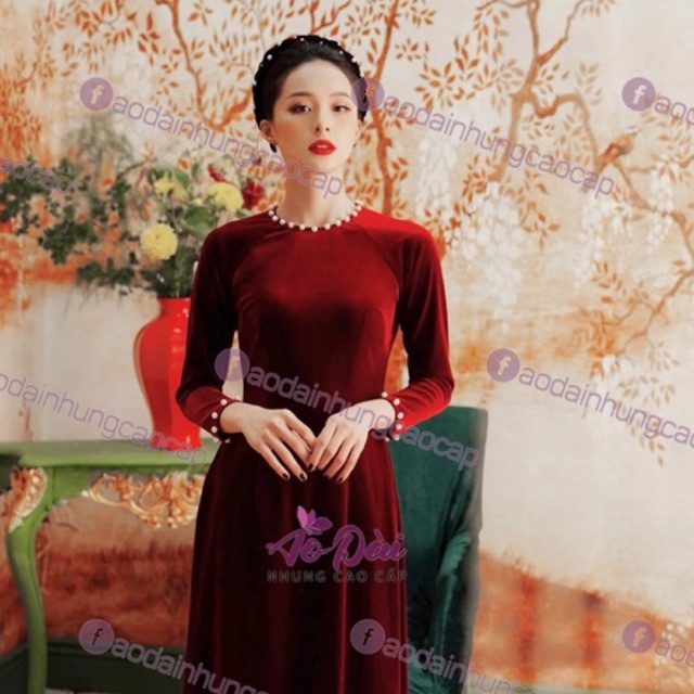 Áo dài nhung cao cấp Đỏ đô đính ngọc 💎