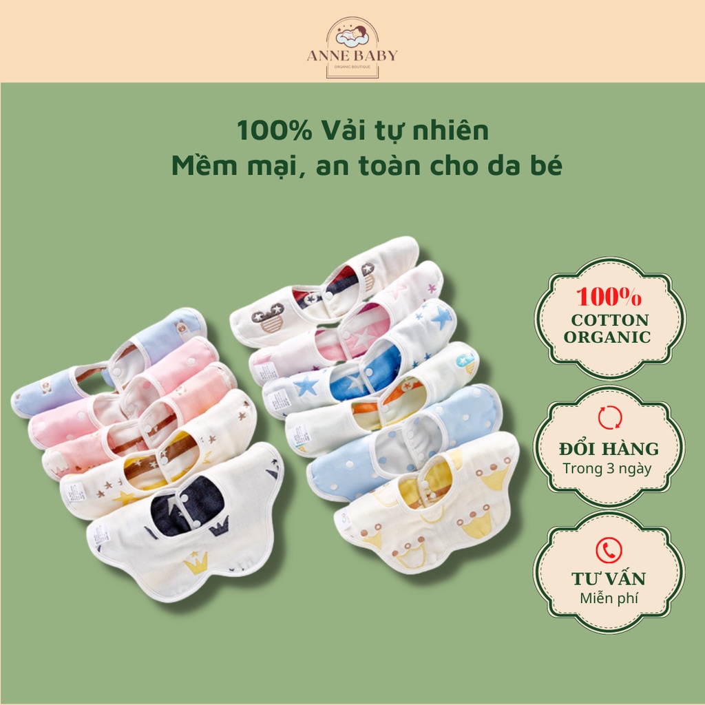 Yếm Hoa Xoay Tròn 2 Mặt Cotton Organic cho bé, Yếm Ăn Dặm Cotton 6 Lớp, Yếm Sơ Sinh Xoay 360 Độ Bé Trai Bé Bái