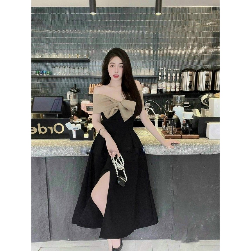 Đầm tiểu thư xòe xẻ tà nơ ngực cực xịn