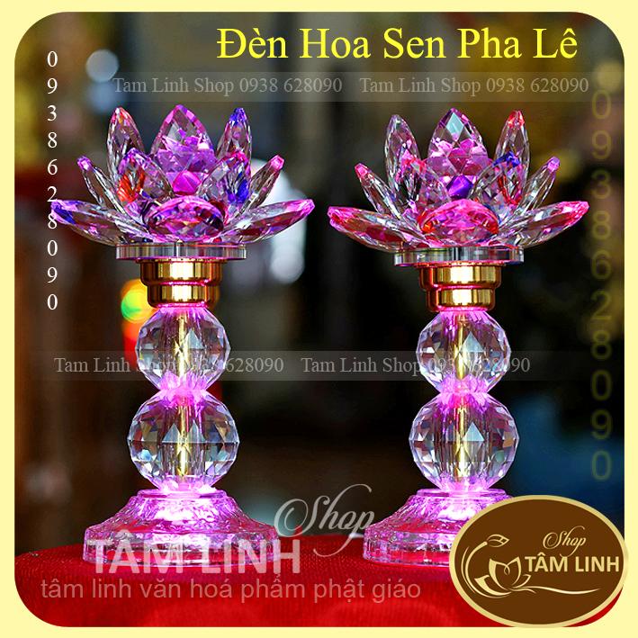 Cặp Đèn Thờ Hoa Sen Pha Lê Cao 25 cm đèn LED đổi 7 màu siêu đẹp...