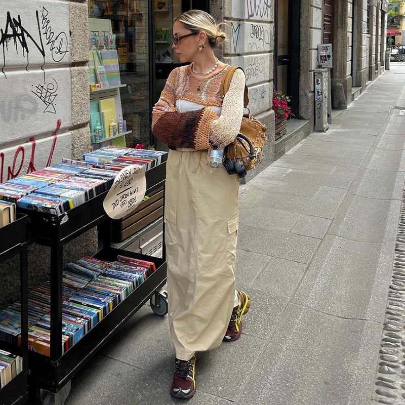 Chân Váy Dài Dáng Rộng Lưng Cao Phối Túi Xẻ Tà Thời Trang Dành Cho Nữ