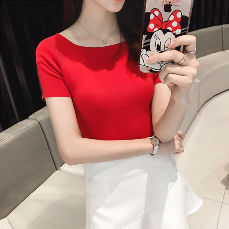 Áo Thun Dệt Kim Trễ Vai Tay Ngắn Màu Đen / Trắng / Đỏ Thời Trang Mùa Hè Cho Nữ