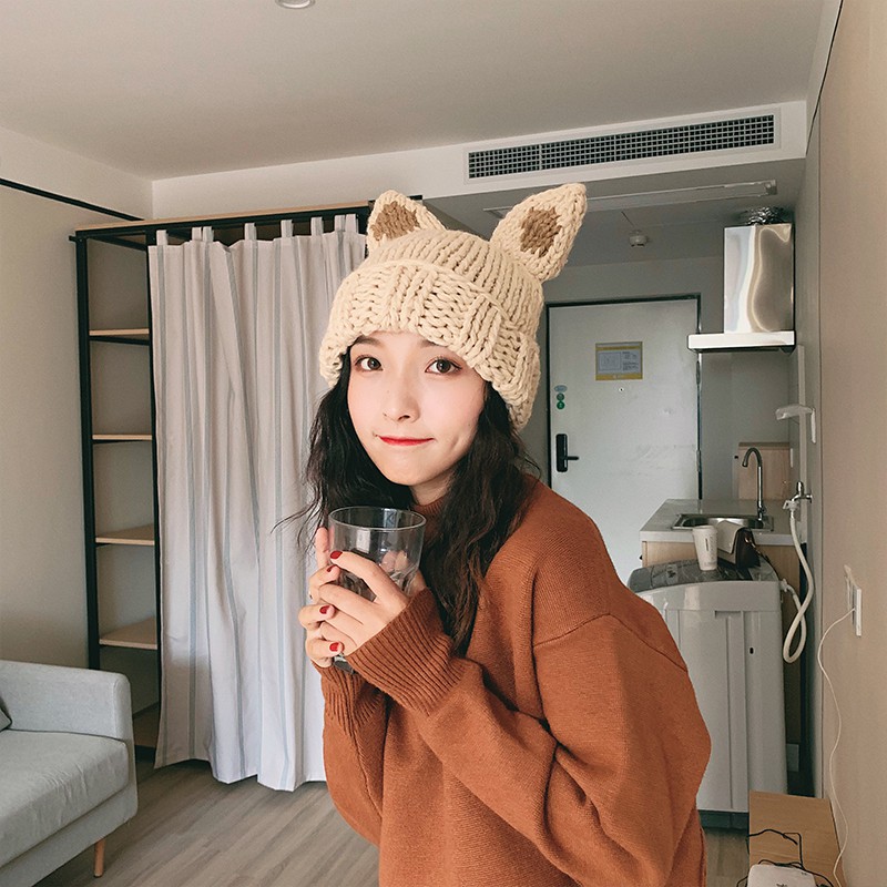 Mũ len đính tai mèo kiểu Hàn Quốc thời trang thu đông cho nữ