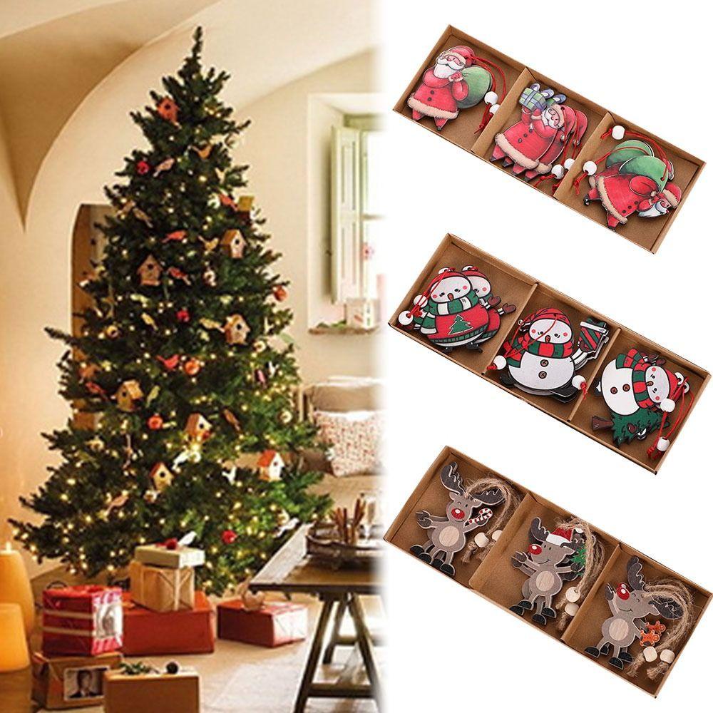 LET Set 9 Phụ Kiện Treo Trang Trí Giáng Sinh Hình Ông Già Noel Hoạt Hình Bằng Gỗ