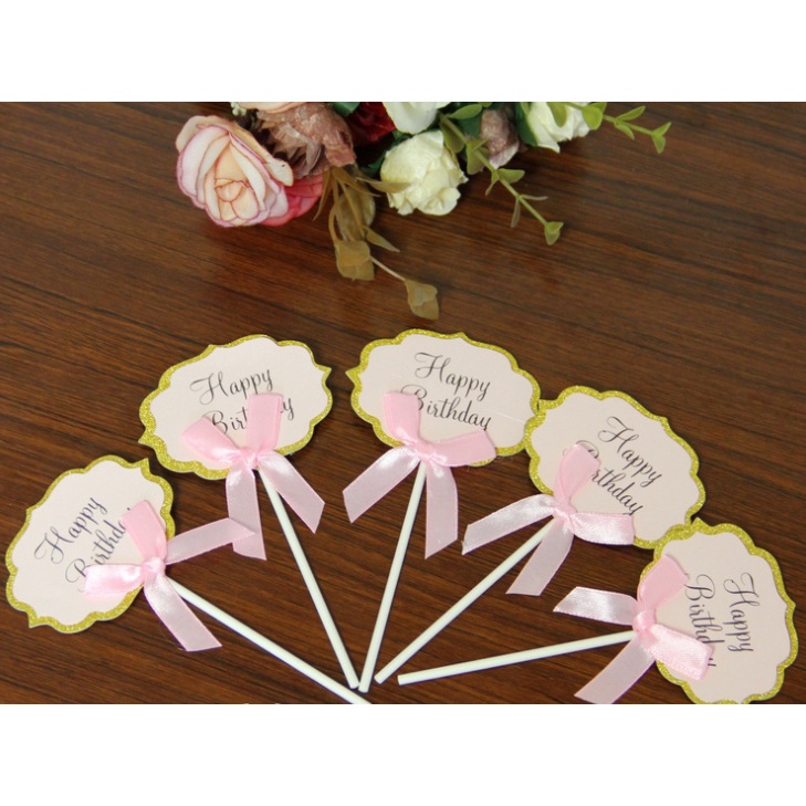 Que Cắm Thẻ Giấy Trang Trí  Bánh Sinh Nhật, Bánh GATO, Món Ăn  - Chữ Happy Birthday Kèm Nơ