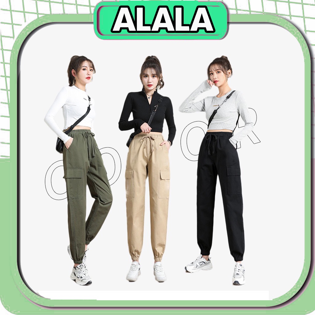 Quần jogger túi hộp nữ thể thao from rộng vải gió dù Hàn Quốc co giãn phong cách quần thể thao nữ bo gấu tập nhảy