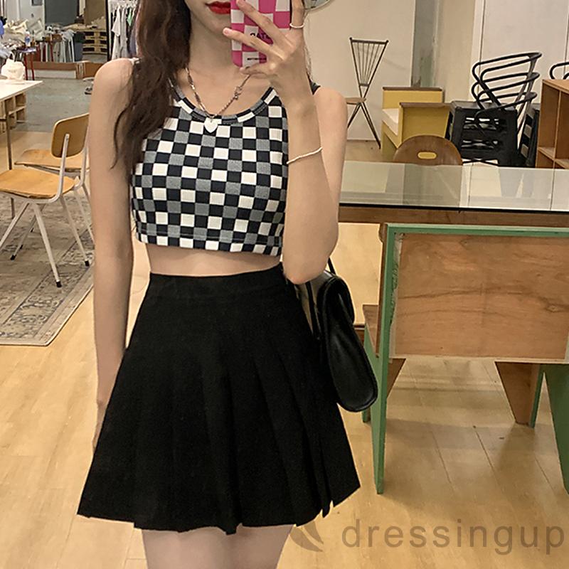 Áo Không Tay Cổ Tròn In Họa Tiết Ô Vuông Thời Trang Mùa Hè Cho Nữ