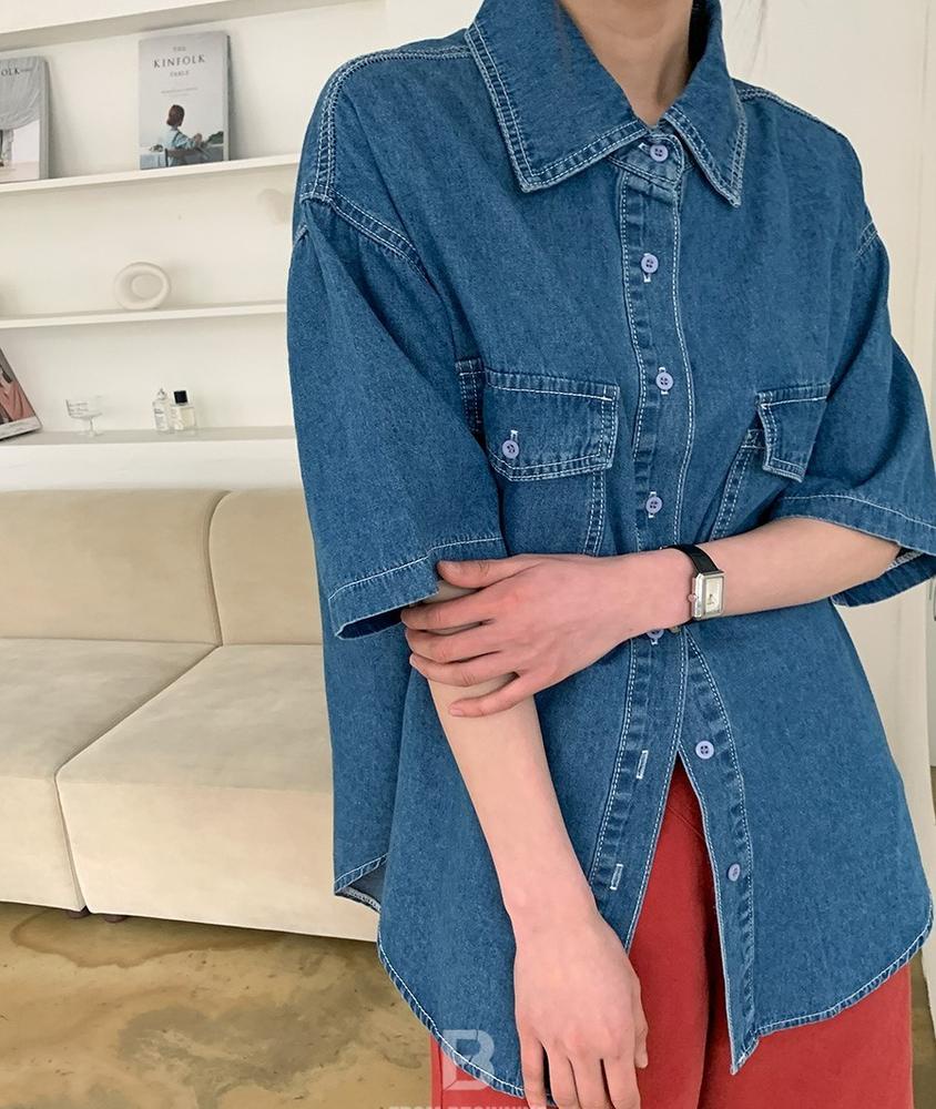 Áo Sơ Mi Denim Tay Ngắn Dáng Rộng Phối Hai Túi Thời Trang 50464