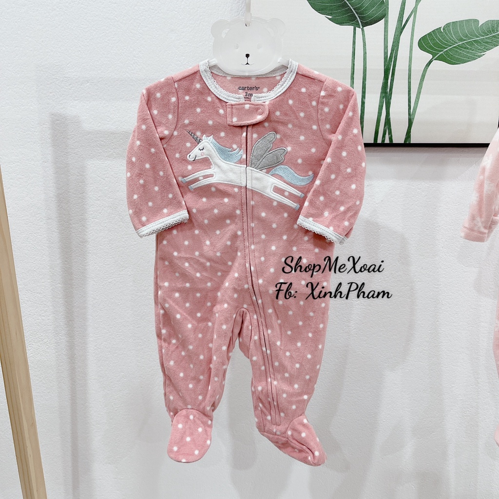 [Size 3M] Bodysleep suit Nỉ, body ngủ cho bé  Hiệu Carter màu hồng họa tiết chấm trắng