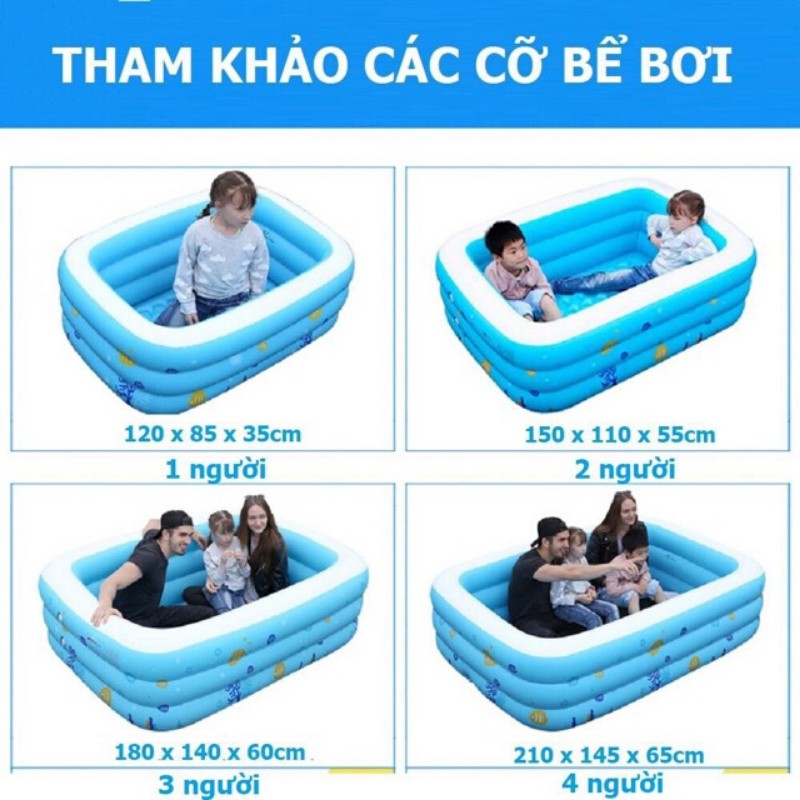 Bể bơi cho bé tại nhà, bể phao 2 và 3 tầng hình chữ nhật cỡ lớn 1m2 1m3 1m5 1m6 1m8 2m1 có bơm điện