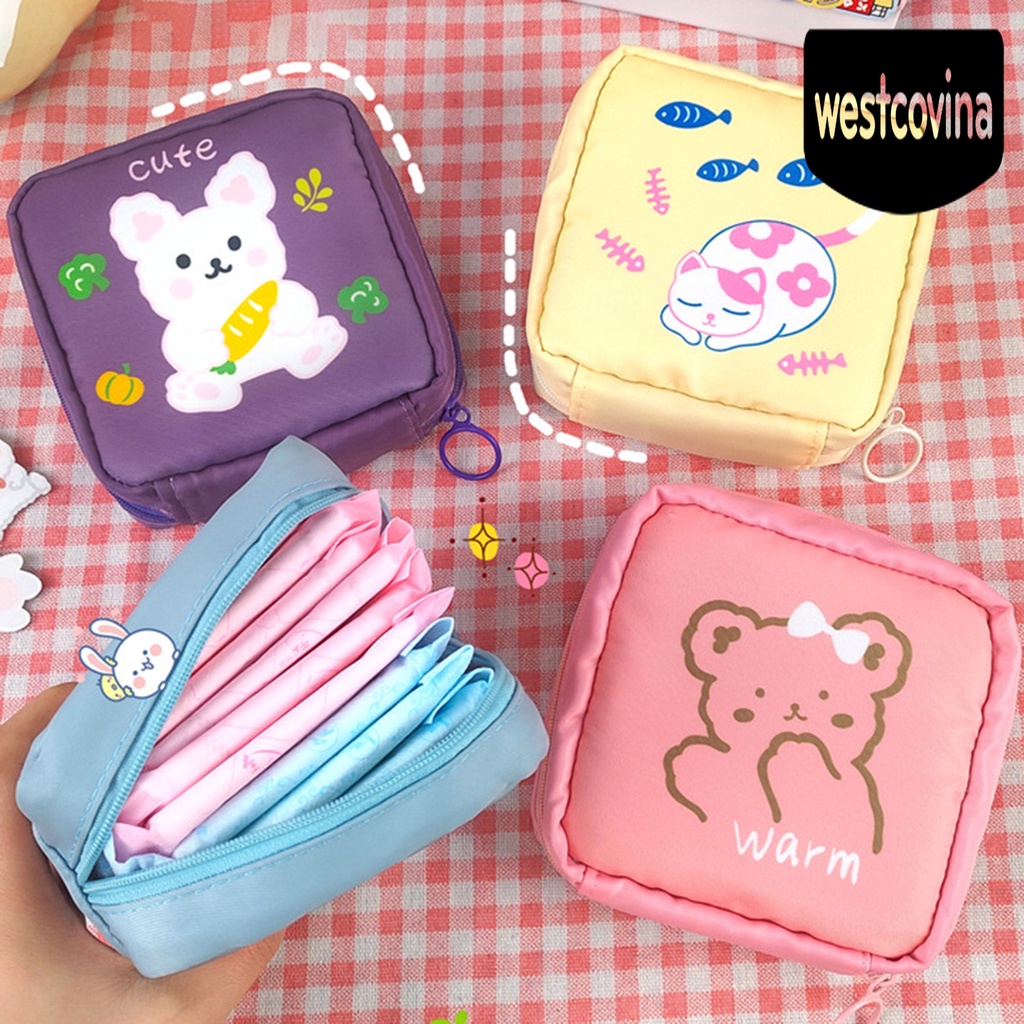 [Hot]☀ Túi Đựng Khăn Giấy Tampon Bằng Nylon Chống Nước Thiết Kế Khóa Kéo In Hoạt Hình Cho Nữ