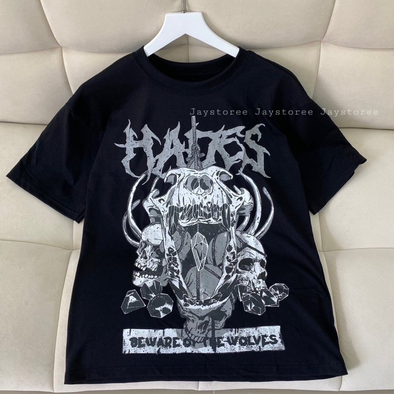 Áo Thun Tay Lỡ Unisex HADES SÓI màu ĐEN  /Nam nữ unisex/ Áo phông cổ tròn form rộng Jaystoree