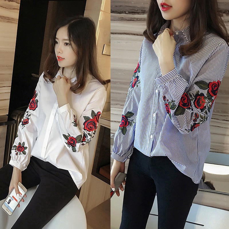 Áo sơ mi tay dài thêu hoa thời trang dành cho nữ
